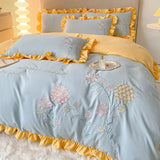 Popxstar room inspo ideas Cute Floral Bedding Set for Girls Boys Kids Single Queen Size Embroidery Duvet Cover with Ruffles Pillowcase Yellow Home Textile