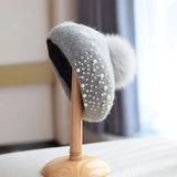 Popxstar Ladies Fox Fur Ball Wool Beret Cap Fashion Retro Autumn Winter Pearls Detachable Painter Hat Diamond Pumpkin Hat