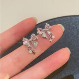 Popxstar Korean Bowknot Zircon Stud Earrings for Women Trendy Cute Pink Crystal Earrings Personality Y2k Earring Girl Party Jewelry Gifts