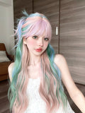 Popxstar 28Inch Iridescent Rainbow Color Multicolour Synthetic Wigs with Bang Long Natural Wavy Hair Wig for Women Cosplay Heat Resistant