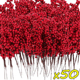 Popxstar 50/1branch Christmas Artificial Berries Stem Red Holly Berry Fake Flowers Plant for Xmas Tree New Year Party Home Decor Ornament