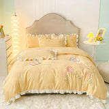 Popxstar room inspo ideas Cute Floral Bedding Set for Girls Boys Kids Single Queen Size Embroidery Duvet Cover with Ruffles Pillowcase Yellow Home Textile