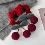 Popxstar Cute Wool Felt Cherry Hair Scrunchies Red Velvet Headbands Girls Sweet Head Rope Women Ties Ponytail Rubber Band New Year's Gift