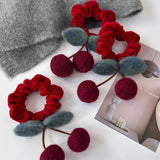 Popxstar Cute Wool Felt Cherry Hair Scrunchies Red Velvet Headbands Girls Sweet Head Rope Women Ties Ponytail Rubber Band New Year's Gift