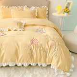 Popxstar room inspo ideas Cute Floral Bedding Set for Girls Boys Kids Single Queen Size Embroidery Duvet Cover with Ruffles Pillowcase Yellow Home Textile