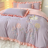 Popxstar room inspo ideas Cute Floral Bedding Set for Girls Boys Kids Single Queen Size Embroidery Duvet Cover with Ruffles Pillowcase Yellow Home Textile