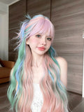 Popxstar 28Inch Iridescent Rainbow Color Multicolour Synthetic Wigs with Bang Long Natural Wavy Hair Wig for Women Cosplay Heat Resistant