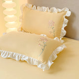 Popxstar room inspo ideas Cute Floral Bedding Set for Girls Boys Kids Single Queen Size Embroidery Duvet Cover with Ruffles Pillowcase Yellow Home Textile