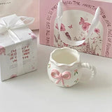 Popxstar Irregular Handmade Relief Pink Bow Coffee Ceramic Cup Gift Water Cup Kawaii Cup