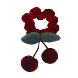 Popxstar Cute Wool Felt Cherry Hair Scrunchies Red Velvet Headbands Girls Sweet Head Rope Women Ties Ponytail Rubber Band New Year's Gift