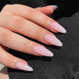 Popxstar 24Pcs White Aurora Almond False Nails Simple with French Design Wearable False Nails Glitter Full Cover Press on Nails Tips Art