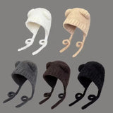 Popxstar Autumn Winter Cute Bear Ear Thermal Knitted Hat Women with Tape Ear Protection Beanie Hat Japanese Korean Versatile Skullies Hat