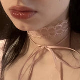 Popxstar Goth Y2K Girl Pink Choker Cute Black Lace Bow Double layered Long Tassel Necklace For Women Charm Jewely EMO 2000s Accessory