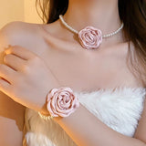 Popxstar Romantic Pink Rose Flower Necklace Bracelet Jewelry Set Elegant Imitation Pearl Chain Choker Necklaces Bangles For Party Wedding