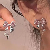 Popxstar Korean Bowknot Zircon Stud Earrings for Women Trendy Cute Pink Crystal Earrings Personality Y2k Earring Girl Party Jewelry Gifts