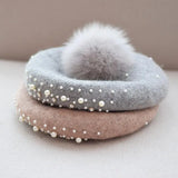 Popxstar Ladies Fox Fur Ball Wool Beret Cap Fashion Retro Autumn Winter Pearls Detachable Painter Hat Diamond Pumpkin Hat