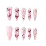 Popxstar 24Pcs Press On Nails Long Stiletto False Nails With Glue Pink Butterfly Cloud Rhinestones Design Acrylic Fake Nail Detachable