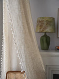 Popxstar Micro transparent Bohemian hollow crochet pure linen hand-stitched beige fringed farmhouse retro decorative curtains 1PC