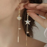 Popxstar New Trend Star Earth Long Tassel Dangle Earrings For Women Planet Crystal Statement Pendant Earrings Wedding Party Jewelry