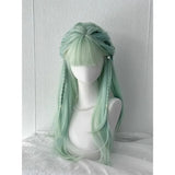 Popxstar Light Green Wig for Women Long Straight Hair Summer Green Wigs with Bangs Natural Simulation Human Hair Headband Lolita Wig