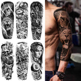 Full Arm Lion King Temporary Tattoos For Men Women Adult Fake Clock Skull Flower Tattoo Sticker Black Arm Sleeve Tatoos Kits Set