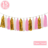 Popxstar 15pcs Rose Gold Paper Tassel Garland Kids Adult Happy Birthday Party Decoration First 1st Baby Boy Girl One Year Banner Supplies