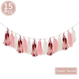 Popxstar 15pcs Rose Gold Paper Tassel Garland Kids Adult Happy Birthday Party Decoration First 1st Baby Boy Girl One Year Banner Supplies