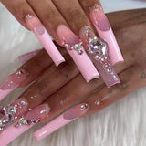 24Pcs French Long Ballet Nails Set Press on Long False Nails with Pink Rhinestone Wearable Coffin Fake Nails Full Cover Nail Tip