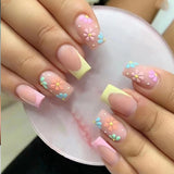 Popxstar 24pcs Summer False Nails with Designs Charms Flame Long Ballerina Fake Nails Wearable Coffin French Nails Tips Press On Nails