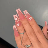 Popxstar 24Pcs Pink French Fake Nails Long Ballet Rhinestone Design False Nails Press on Full Cover Acrylic Nail Tips Manicure Set