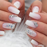 Popxstar 24Pcs Glitter Pink Gradient False Nails Wearable French Fake Nail with Rhinestone Designs Short Ballet Press on Nails Manicure