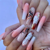 24pcs/Box Long T Handmade Valentine's Day French Flame Wave Love With Diamond False Nail Enhancement Waterproof Gel Fake Nails