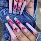 24Pcs Pink Flower Wearable False Nail Tips Long Square Fake Nail with Rhinestone Design Acrylic Coffin Full Cover Press on Nails