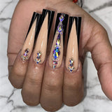 Popxstar 24Pcs Long Ballet False Nails Full Cover Fake Nails with Rhinestone Brown Wood Grain Design Nail Tips Coffin Press on Nails