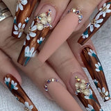 Popxstar 24Pcs Long Ballet False Nails Full Cover Fake Nails with Rhinestone Brown Wood Grain Design Nail Tips Coffin Press on Nails