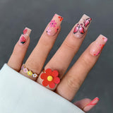 24Pcs Pink Flower Wearable False Nail Tips Long Square Fake Nail with Rhinestone Design Acrylic Coffin Full Cover Press on Nails