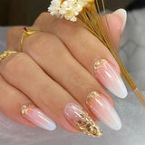 24Pcs Pink Almond False Nails Shiny Golden Ripples Stiletto Fake Nails Detachable Oval Full Cover Press on Nails Tips Manicure