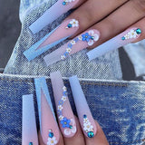 24Pcs Pink Flower Wearable False Nail Tips Long Square Fake Nail with Rhinestone Design Acrylic Coffin Full Cover Press on Nails