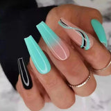 Popxstar 24Pcs French False Nails Wave Line Design Ballet Fake Nails Long Wearable Coffin Press on Nails Full Cover Manicure Tips