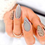 Popxstar 24Pcs Almond False Nails with Rhinestone Long Stiletto Fake Nails Gold Glitter Powder Design Press on Nails Full Cover Nail Tips