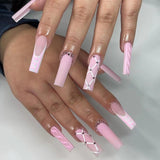 Popxstar 24Pcs French False Nails Wave Line Design Ballet Fake Nails Long Wearable Coffin Press on Nails Full Cover Manicure Tips