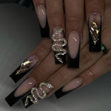 24Pcs Long Ballerina French False Nails Snake Rhinestones Design Fake Nails Wearable Coffin Press on Nails Full Cover Nail Tips