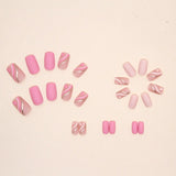 24Pcs Square Head False Nails with Glue Pink Wavy Line Design Fake Nails Artifical Finished Press on Nails Full Cover Nail Tips