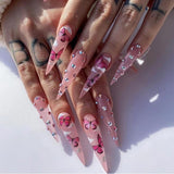 24Pcs False Nails With Glue Almond Pink Butterfly Design Detachable Rhinestones Acrylic Fake Nails long stiletto Press On Nails