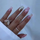 Popxstar 24pcs Summer False Nails with Designs Charms Flame Long Ballerina Fake Nails Wearable Coffin French Nails Tips Press On Nails